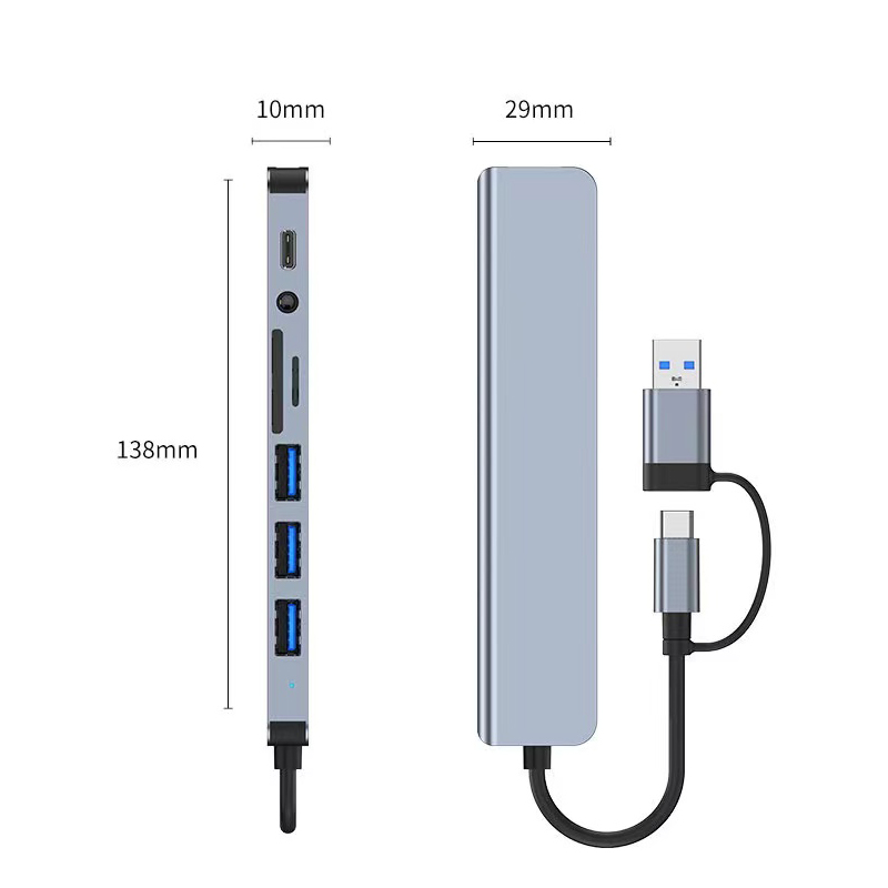 8-in-2 Dual-Connector Docking Station: USB-C & USB-A Hub with SD/TF Reader & Audio