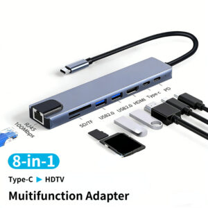 
8-in-1 USB-C Hub: 4K HDMI, 100W PD, RJ45 Ethernet & SD/TF Reader
