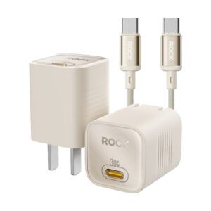 
ROCK Ice²Cube 30W GaN Fast Charger & 60W Metal Braided USB-C to USB-C Cable Bundle - Premium Beige Edition