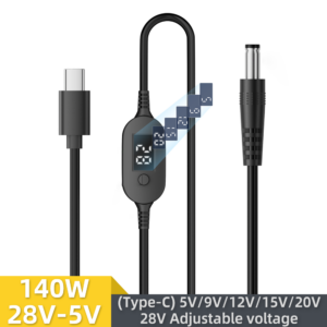 
140W Adjustable USB-C to DC Power Set: 5V-28V Voltage Regulator Cable with 8 Universal Tips