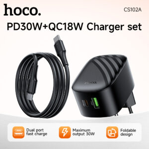 
HOCO CS102A 30W PD + QC 3.0 Foldable Travel Charger - Dual Port Fast Charging Adapter (EU Plug)