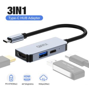 
3-in-1 USB-C to HDMI Multiport Adapter - Type-C Hub with 4K HDMI, USB 3.0 Port, and 100W Power Delivery Charging for MacBook, iPhone 15, iPad, and Galaxy Devices