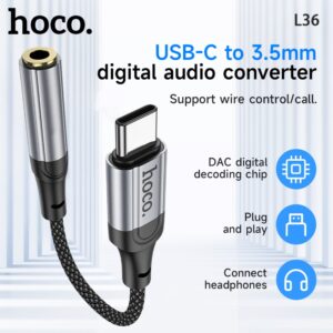 
HOCO LS36 Fresh Digital Type-C to 3.5mm Female Audio Converter - Built-in DAC Chip, Hi-Fi Audio Adapter, Supports Mic Call & Wire Control, Durable Braided 12cm Cable for iPhone 15/16, Samsung, iPad & USB-C Devices